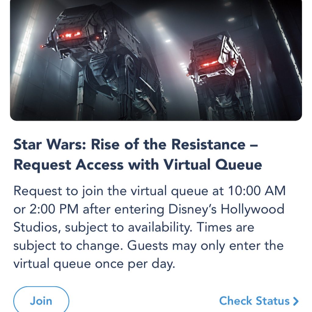 Screenshot for the My Disney Experience App for a request to join the virtual queue for Rise of the Resistance. 
