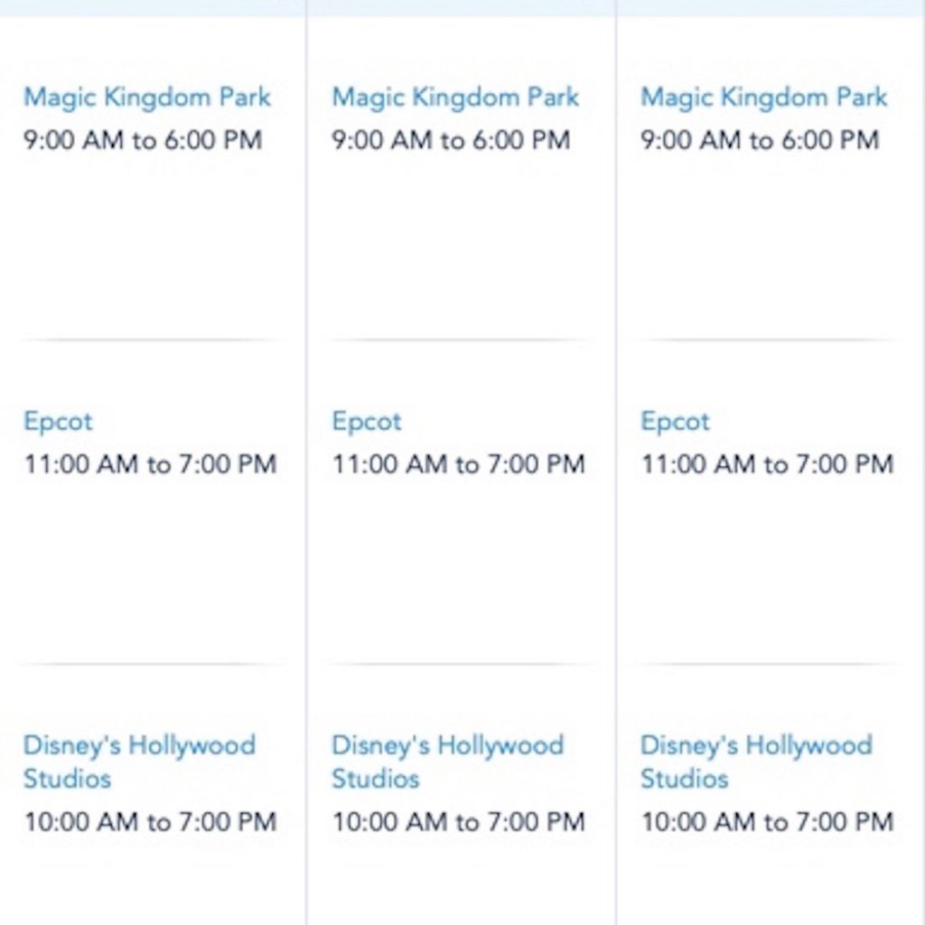 Screenshot of reduced park hours from the My Disney Experience App. 