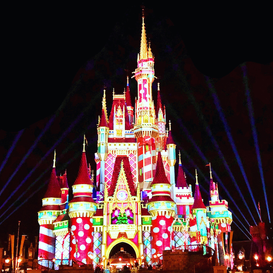 Whimsical pattern projection on Cinderella's Castle for Christmas 2020