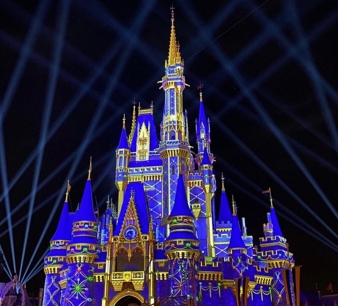 Royal blue, purple and gold castle projection for Christmas 2020.