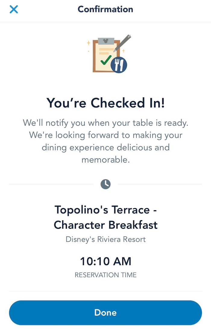 Check-in notification to Topolino's Terrace