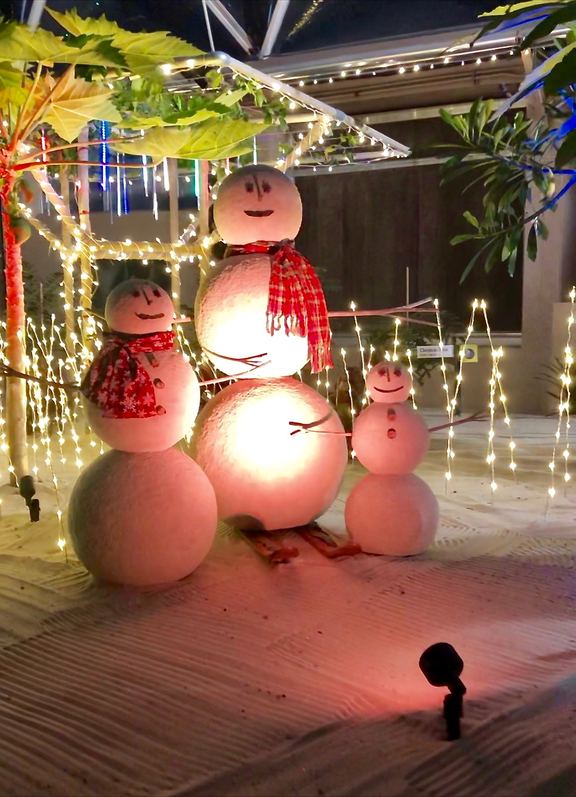 Sandy snowmen as part of the Merry and Bright Nights holiday overlay at Living with the Land. 