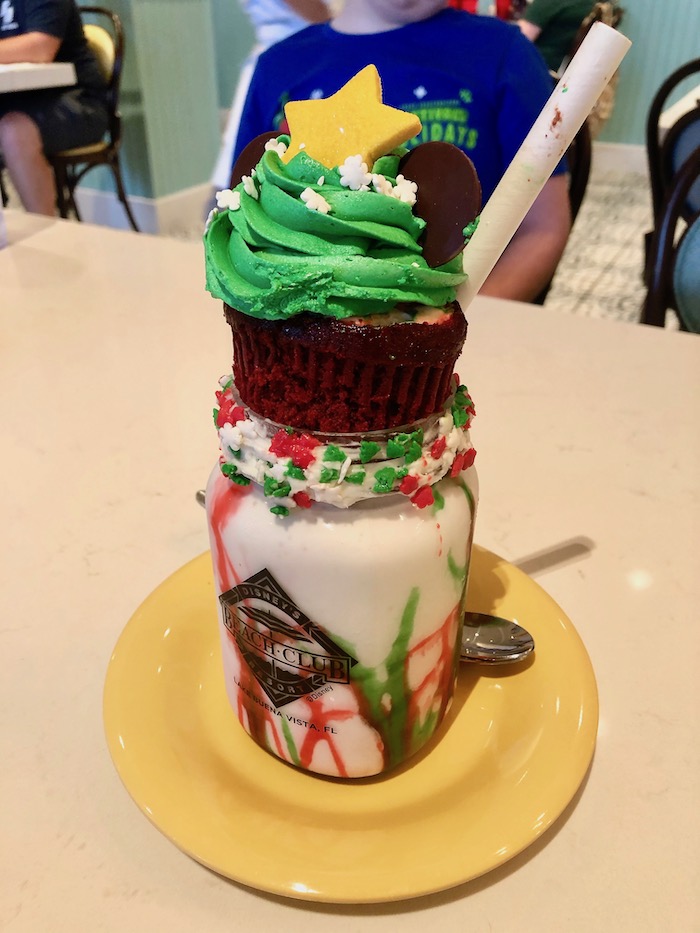 Beaches and Cream Holiday Shake with cookie butter ice cream and a red velvet cupcake. 