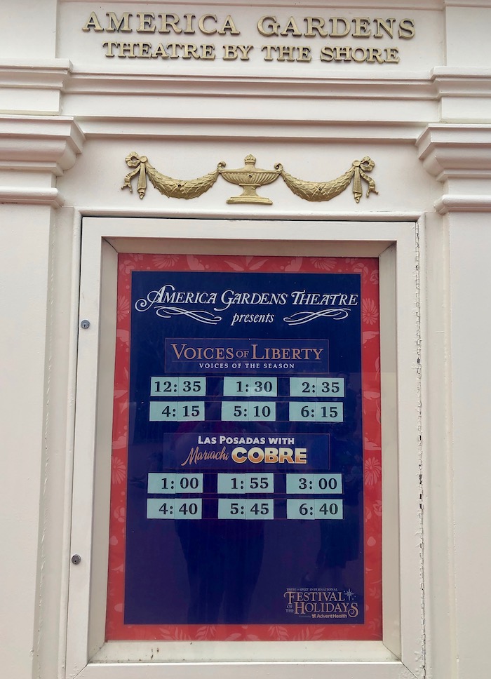 Show times are posted outside of the American Gardens Theatre